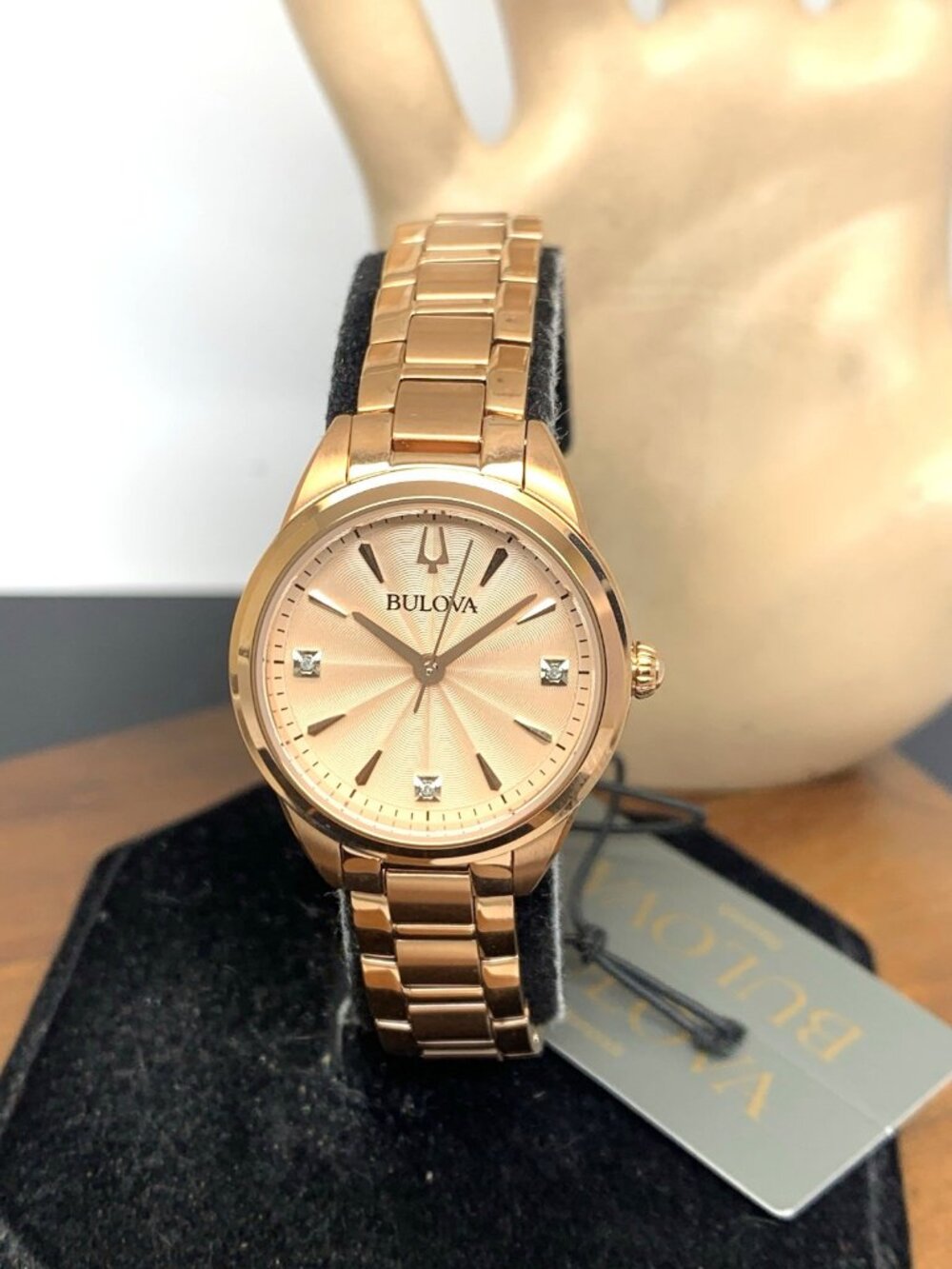 Bulova Women's Watch 97P151 Quartz Diamond Accent Rose Gold Stainless Steel 28mm